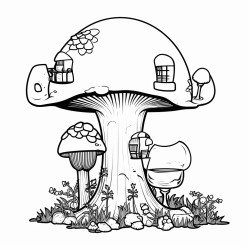 a fairy house in a long stemmed wine glass with mushroom around the base of the glass