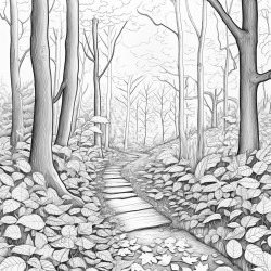 create a blackandwhite coloring page of a forest path blanketed in fallen leaves outline trees with bold clear lines and scatter leaves along the path and forest floor show varied leaf shapes to add interest but keep large spaces