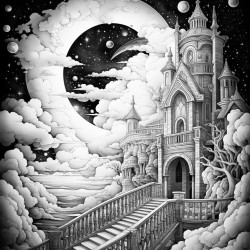 una escalera hacia un cielo estrellado