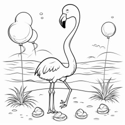 beach party with flamingo standing by and beach balls umberella