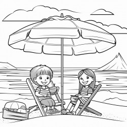 kids at the beach with their supplies by their chair under a umbrella