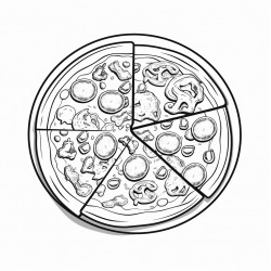 black and white coloring book drawing only thick outlines no grayscale for children in cartoon style pizza with toppings