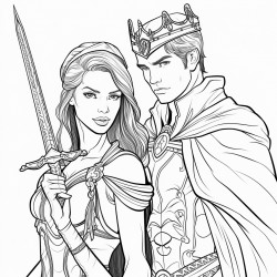 a female assassin holding a dagger to a prince wearing a crown throat