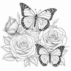 create a blackandwhite coloring page of blooming roses with bold defined petals include butterflies hovering or landing on the roses keeping their wings detailed but simple with bold lines ensure the design is elegant and clear with ample open spaces for easy coloring