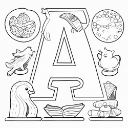 a colouring page of ten different images that start with the letter a