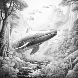a magical forest with flying whales