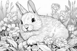a baby rabbit sleeping in a bed of flowers