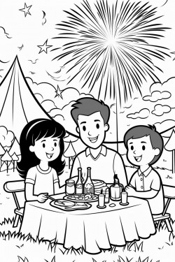 family picnicking in a park while fireworks are in the sky