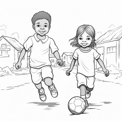 professional sketch drawing of african boy and a girl chlid playing football in a village for a coloring page