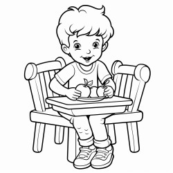 a 35 year old is sitting on chair and eating apple and there is a bucket kept on the table consisting of fruits