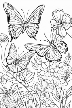 please draw a coloring page in a simple style with cute cartoonstyle  butterflies flying on magical flowers