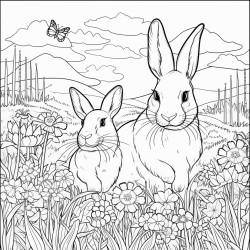 create a blackandwhite coloring page featuring rabbits in a peaceful meadow the rabbits should have bold clear outlines with varying poses from sitting to hopping include simple details like grass and flowers but keep the design uncluttered with large areas for easy coloring