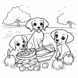 picnic scene in the park with sandwiches fruits and playful puppies