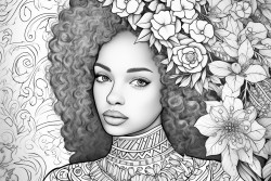 african american woman surrounded by flowers and intricate pattern with a blank space to write bible verse