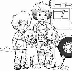 a four year old boy with curly hair with his 2 year old sister with curly hair and goldendoodle dog being fire fighters