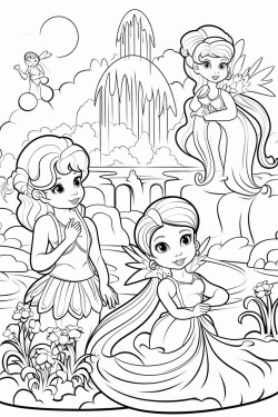 cute butterflies mermaids and fairies in a river with a rainbow and a waterfall there is a castle in the background
