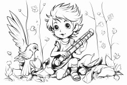 fantasy cute little male forest fairy that plays a flute to gather birds