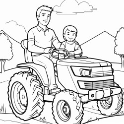 man on tractor with little girl sitting next to himm two trees in the distance
