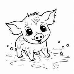 a piglet with planetshaped markings rooting in the mud