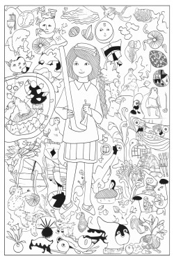a hunt and find collage line art coloring page with 30 hidden buttons 10 hidden pencils 15 hidden flowers 15 hidden gemstones 10 stuffed bears 20 hidden marbles 10 books 15 hidden rubber ducks 10 triangles 15 blocks 10 hidden fairy wands and 10 hair bows