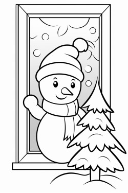 christmas snowman outside the window and behind the christmas tree