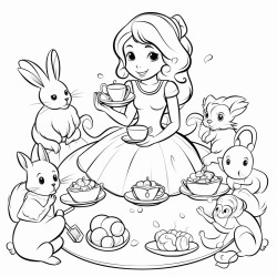a princess having a tea party with a group of animals like bunnies squirrels and birds