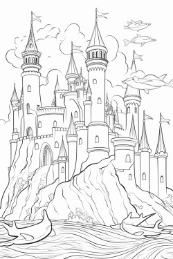 underwater castle and playful dolphins