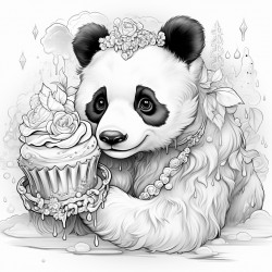 teenage panda with long eyelashes wearing a princess tiara eating a large ice cream cone on the beach