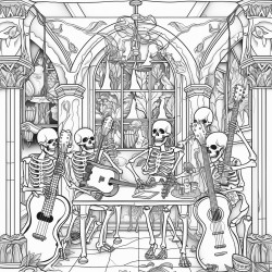 a skeletal band performing in a haunted tavern with intricate instruments and gothic decor