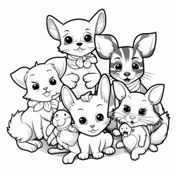 a variety of pets like dogs cats and rabbits playing together