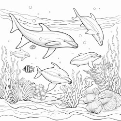 an ocean scene with dolphins sea turtles jellyfish and coral reefs