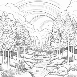 forest with rainbow and sun