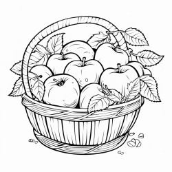 a basket of freshly picked apples with a few leaves scattered around