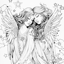 two angels hugging among a star filled sky
