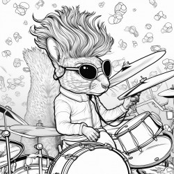 squirrel with sunglasses on playing the drums with a psychedelic background