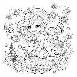 a mermaid swimming through a galaxy filled with colorful fish and sea creatures