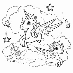 unicorn family flying over rainbow