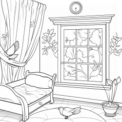 inside of bedroom tree outside window bird nest coloring page