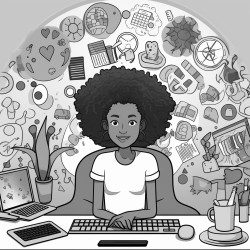 black girl working as a graphic designer with pictures around her