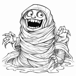 a mummy unwrapping itself in a playful manner amid cobwebs