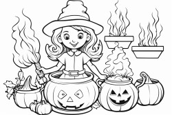 a retro pumpkin dresses as a witch stirring a cauldron with a spoon in a room full of potions