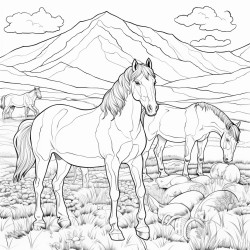 horse herd with foals and all horses in middle moutains in backround