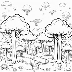 a magical forest with fairies flying among the trees