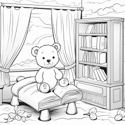 create a scene teddy in bed reading book bedroom has book shelf and leaves vine hanging