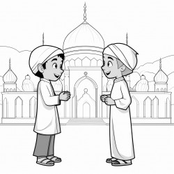 two muslim kids talking with each other front of masjid