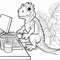 an iguana at a desk in the forest