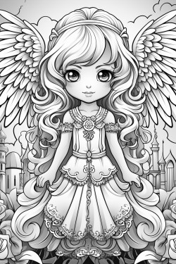 cartoon style child angel flowy dress and hair