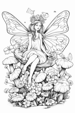 a fairy sitting on a mushroom surrounded by butterflies