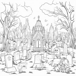 a pastel goth graveyard with colorful headstones and ghostly figures