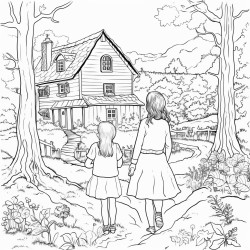two women in forest with cottage in background